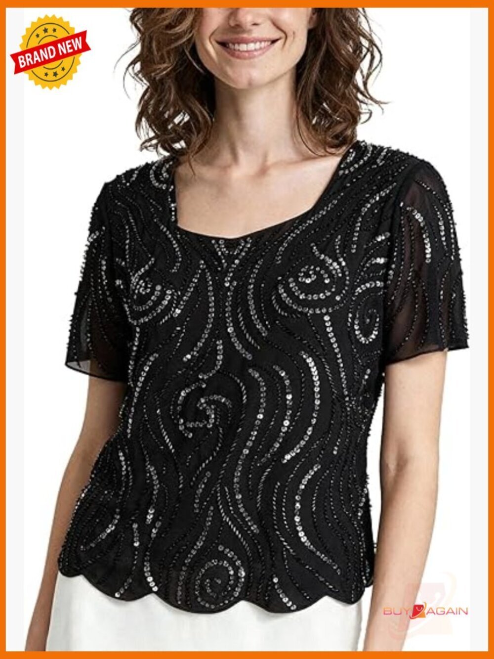 Beaded Sequin Blouse Short Sleeve Boat Neck Fully Lined Sparkly Dressy Top